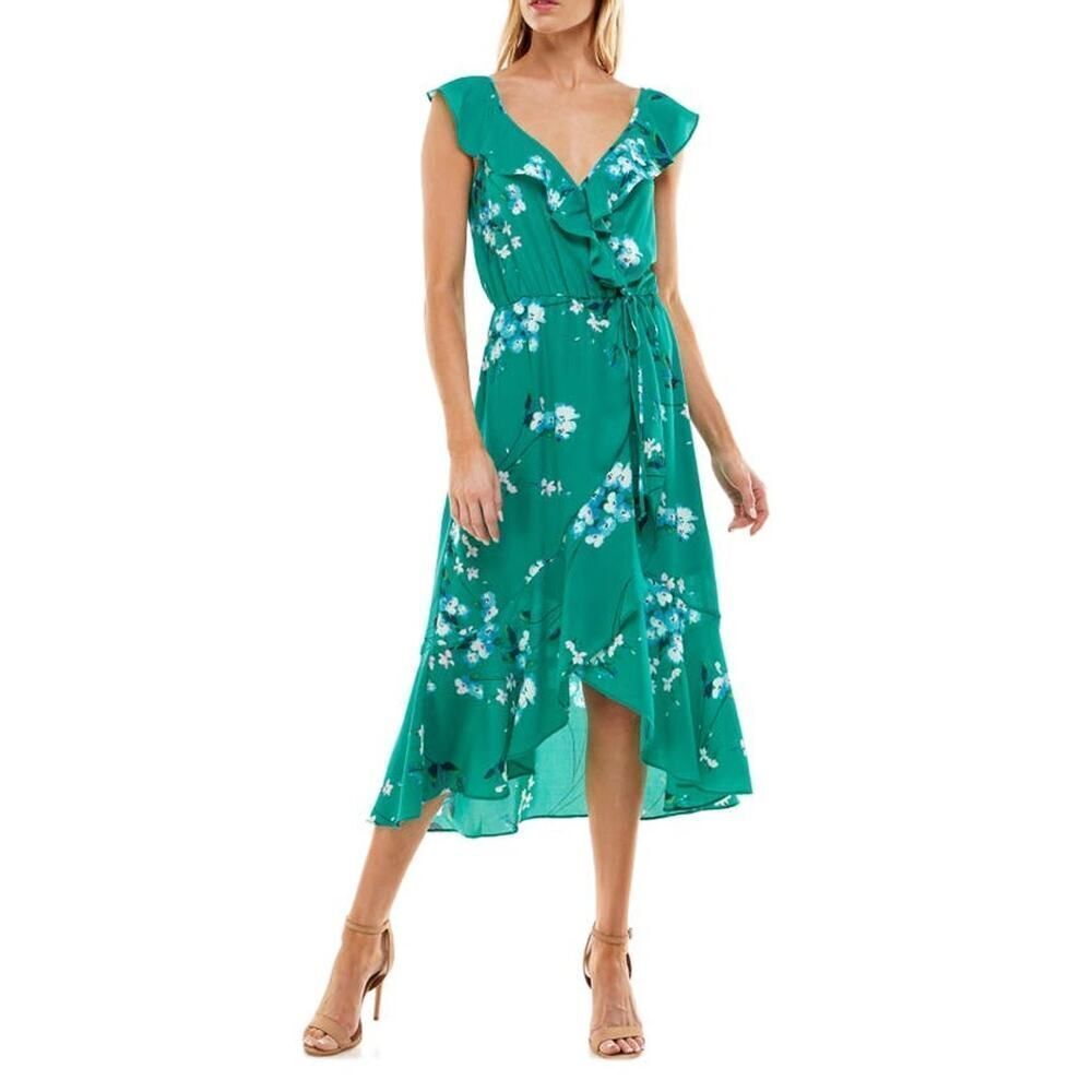 Socialite Ruffle Print Wrap Midi Dress Kelly Green Floral Women's Sz XS NWOT